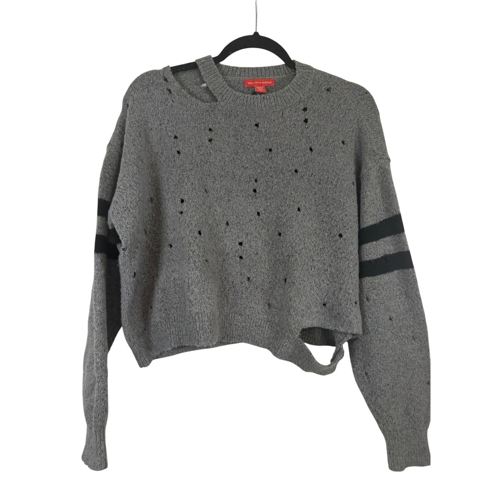 Saks Fifth Avenue Gray Distressed Knit Sweater Varsity Stripe Cutout Medium